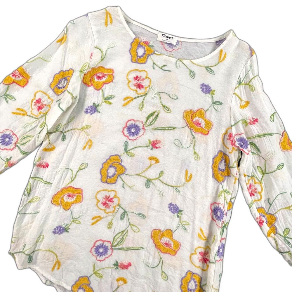 Kindred Floral Embroidered Boho Blouse M White Sheer Peasant Top Resort Gauzy